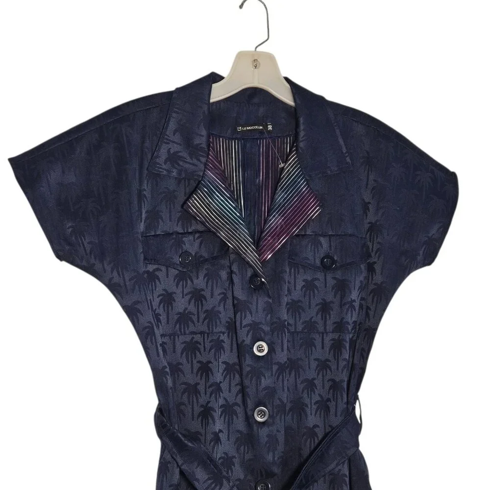 Lu Moccellin Womens Blue Palm Tree Print Belted Button Down Midi Dress 8 US 38eu - Picture 6 of 9